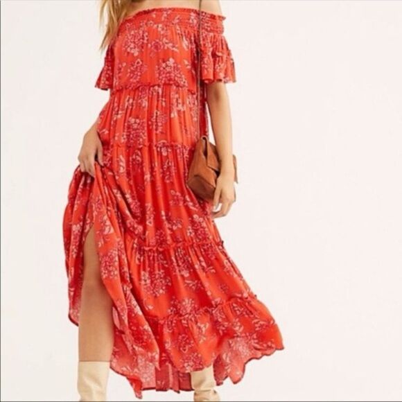 Free People Barclay Off the Shoulder Tiered Floral Print Ruffle Maxi Dress Sz M - Picture 3 of 14